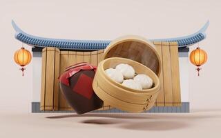 Chinese food baozi in food steamer, 3d rendering. photo