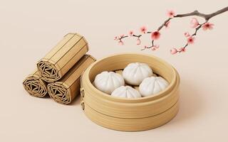 Chinese food baozi in food steamer, 3d rendering. photo