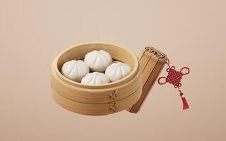 Chinese food baozi in food steamer, 3d rendering. photo