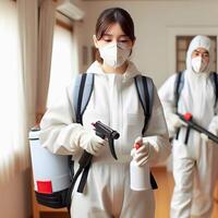 AI generated A female worker is exterminating insects by spraying disinfectant liquid in a room in full safety clothing photo