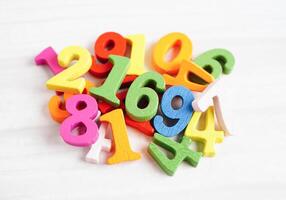 Number wood block cubes for learning Mathematic, education math concept. photo