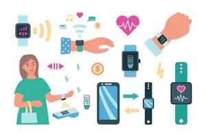 smart watch set. Manage apps with your smartwatch. wearable computing technology. vector illustration