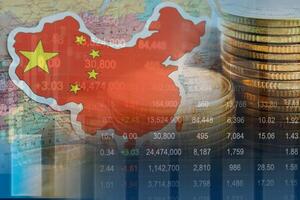 China flag and map with stock market finance, economy trend graph digital technology. photo