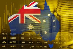 Australia flag and map with stock market finance, economy trend graph digital technology. photo