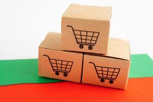 Online shopping, Shopping cart box on Balgaria flag, import export, finance commerce. photo