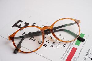 Glasses on eye exam chart to test eyesight accuracy of reading. photo