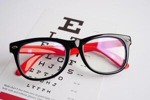 Glasses on eye exam chart to test eyesight accuracy of reading. photo