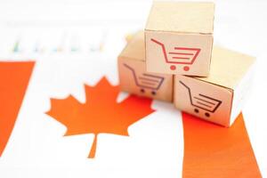 Online shopping, Shopping cart box on Canada flag, import export, finance commerce. photo