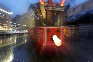 zoom effect of historical retro istanbul taksim tram red wagon photo