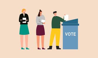 Polling place flat vector illustration. Voters persons casting ballots putting papers with vote into