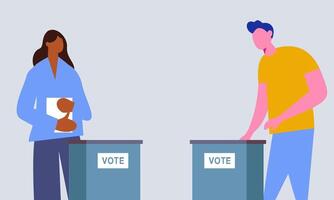 Polling place flat vector illustration. Voters persons casting ballots putting papers with vote into