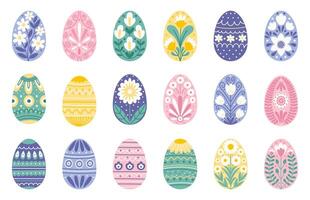 Folk Easter colorful egg set with spring ornament pattern. Abstract flowers, florals, botanicals, plants. Vector design illustartion for greeting card, banner, print, poster