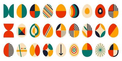 Retro Easter egg set in bauhaus style with colorful geometric abstract ornament pattern. Vector modern illustartion for greeting card, banner, print, poster