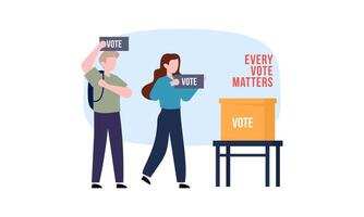 Polling place flat vector illustration. Voters persons casting ballots putting papers with vote into