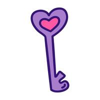 Purple Heart Key. Key with pink heart inside. Vector hand drawn