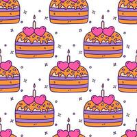 Seamless pattern. Celebratory cake. Two hearts and burning candle. Vector