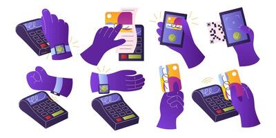 Set of hands paying contactless cashless payments with bank credit cards, mobile phone apps and smart watches. POS terminals, NFC technology. Wireless payment QR scanner. Near field communication. vector