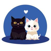 negro gato y blanco gato son en amor. romántico vector ilustración