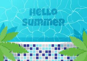 Hola verano tarjeta postal. vector ilustración de un nadando piscina parte superior vista.