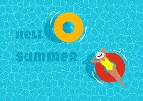 Hello summer card. Vector illustration of a top view of a swimming pool. A woman floats on an inflatable ring.