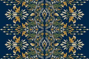 Arabesque Ikat floral pattern on navy blue background.Ikat ethnic oriental Embroidery Vector illustration,Aztec style,abstract background.design for texture,fabric,clothing,wrapping,decoration,scarf.