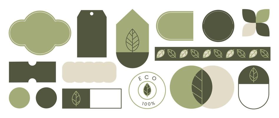 Set of geometric sticker badges vector. Organic banner collection of contemporary figure, foliage, circle, square, polygon. Eco friendly design for sign, tag, packaging, logo label, stamp, patches.