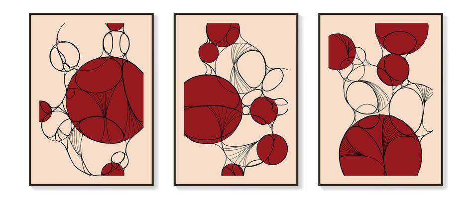 Abstract line art background vector. Minimalist modern contour drawing with bubble, stone, rock, red circle. Contemporary art design illustration for wallpaper, wall decor, card, poster, cover, print.