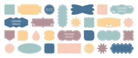 Set of geometric sticker badges vector. Organic banner collection of contemporary figure, polygon, flower, jigsaw, water drop. Eco friendly design for sign, tag, packaging, logo label, stamp, patches. vector