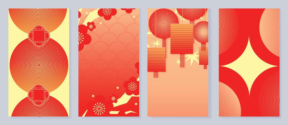 Chinese New Year cover background vector. Luxury background design with chinese pattern, lantern, flower, sparkle, line. Modern oriental illustration for cover, banner, website, social media.