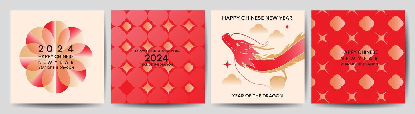 Chinese New Year square cover background vector. Year of the dragon design with dragon, pattern, flower, sparkle, cloud. Modern oriental illustration for cover, banner, website, social media.