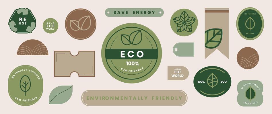 Set of geometric sticker badges vector. Organic banner collection of contemporary figure, foliage, circle, square, polygon. Eco friendly design for sign, tag, packaging, logo label, stamp, patches.
