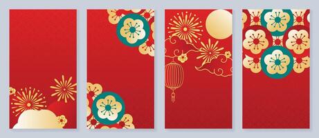 Chinese New Year cover background vector. Luxury background design with chinese pattern, firework, flower, lantern, moon, cloud. Modern oriental illustration for cover, banner, website, social media. vector