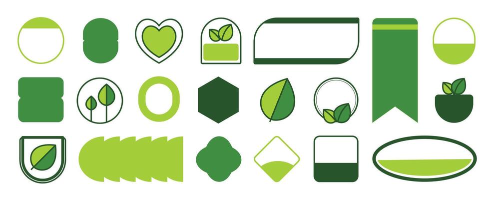 Set of geometric sticker badges vector. Organic banner collection of contemporary figure, foliage, heart, circle, square. Eco friendly design for sign, tag, packaging, logo label, stamp, patches.