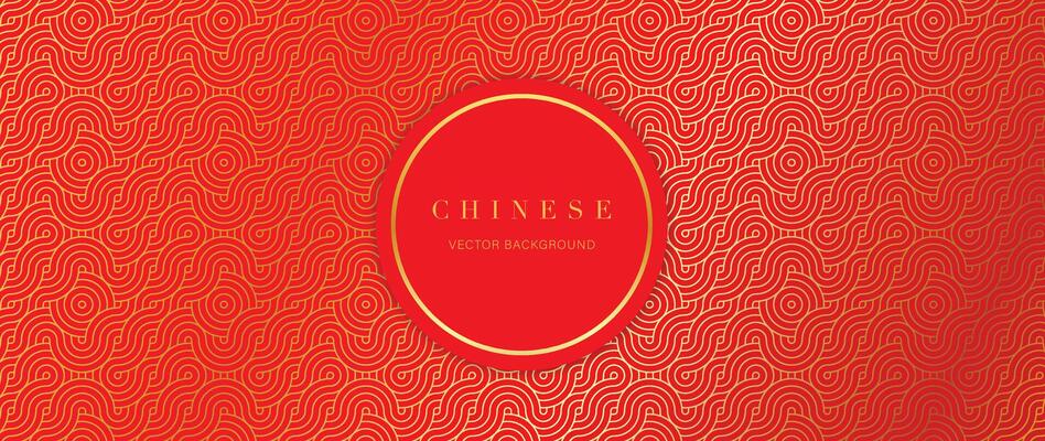 Happy Chinese new year backdrop vector. Wallpaper design with gold chinese pattern on red background. Modern luxury oriental illustration for cover, banner, website, decor, border, frame.