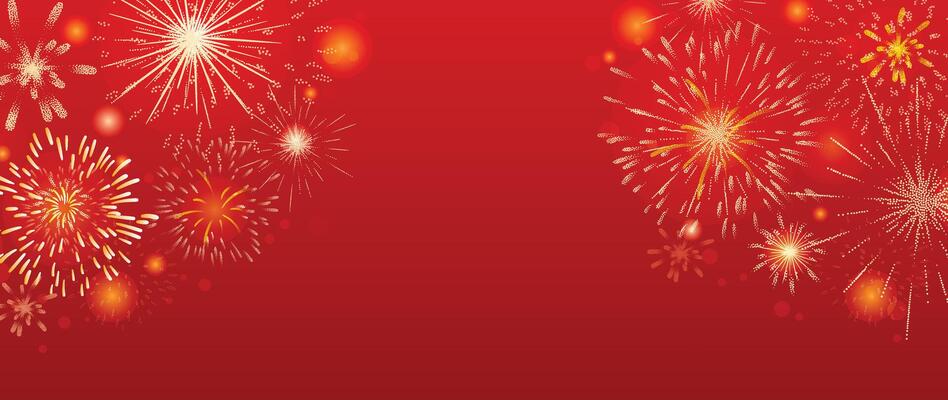 Festival chinese backdrop vector. Happy chinese new year wallpaper design with golden fireworks on red background. Modern luxury oriental illustration for cover, banner, website, decor, advert.