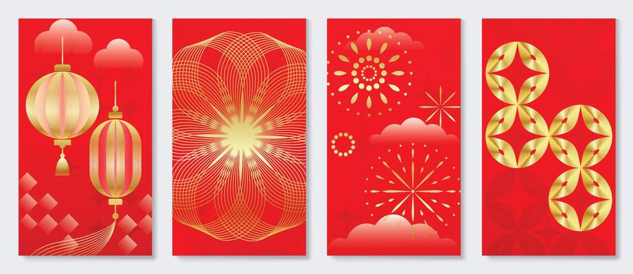 Chinese New Year cover background vector. Luxury background design with chinese pattern, flower, firework, lantern. Modern oriental illustration for cover, banner, website, social media.