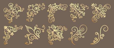 Luxury gold ornate invitation vector set. Collection of ornamental curls, dividers, border, frame, corner, components. Set of elegant design for wedding, menus, certificates, logo design, branding.