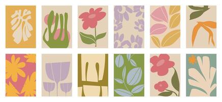 Botanical doodle background vector set. Flower and leaves abstract shape doodle art design for print, wallpaper, clipart, wall art for home decoration.