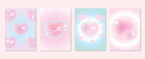 Abstract gradient Y2K style template cover vector set. Happy Valentine's Day decorate with trendy gradient heart pastel y2k colorful background. Design for greeting card, fashion, commercial, banner.