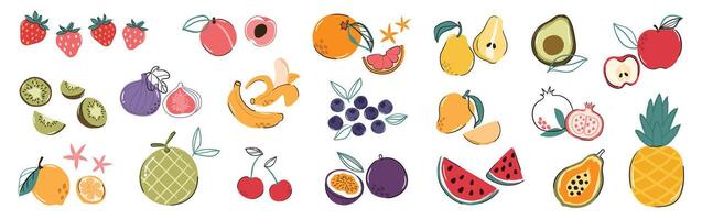 Set of colorful fruit element vector. Different fresh fruit design of apple, strawberry, banana, orange, mango with hand drawn pattern.  Illustration for branding, sticker, fabric, clipart, ads. vector