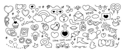 Set of valentine doodle element vector. Hand drawn doodle style collection of heart, cupcake, key, rainbow, balloon, arrow, speech bubble. Design for print, cartoon, decoration, sticker, clipart. vector