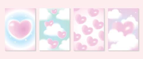 Abstract gradient Y2K style template cover vector set. Happy Valentine's Day decorate with trendy gradient heart, cloud, colorful background. Design for greeting card, fashion, commercial, banner.