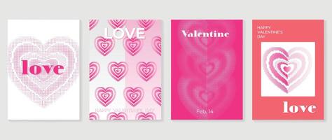 Happy Valentine's day love cover vector set. Romantic symbol wallpaper of geometric shape pattern, heart shaped icon, halftone. Love illustration for greeting card, web banner, package, cover, fabric.