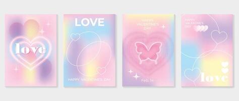 Abstract gradient Y2K style template cover vector set. Happy Valentine's Day decorate with trendy gradient heart colorful background, butterfly. Design for greeting card, fashion, commercial, banner.