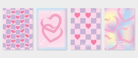 Abstract gradient Y2K style template cover vector set. Happy Valentine's Day decorate with trendy gradient heart vibrant y2k colorful background. Design for greeting card, fashion, commercial, banner.