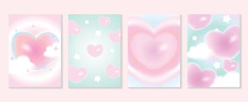 Abstract gradient Y2K style template cover vector set. Happy Valentine's Day decorate with trendy gradient heart, cloud, y2k colorful background. Design for greeting card, fashion, commercial, banner.