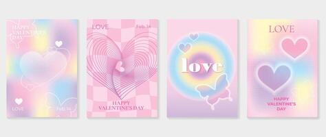 Abstract gradient Y2K style template cover vector set. Happy Valentine's Day decorate with trendy gradient heart colorful background, butterfly. Design for greeting card, fashion, commercial, banner.