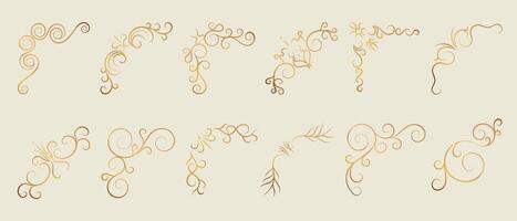 Luxury gold ornate invitation vector set. Collection of ornamental curls, dividers, border, frame, corner, components. Set of elegant design for wedding, menus, certificates, logo design, branding.