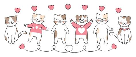 Cute cats in valentine day lovely pet vector. Collection of cats with little heart. Adorable animal characters for clipart, decoration, prints, cover, greeting card, sticker, banner. vector