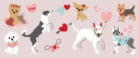 linda perros en enamorado día encantador mascota vector. colección de perros con pequeño corazón, globo, flecha. adorable animal caracteres para clipart, decoración, huellas dactilares, cubrir, saludo tarjeta, pegatina, bandera. vector